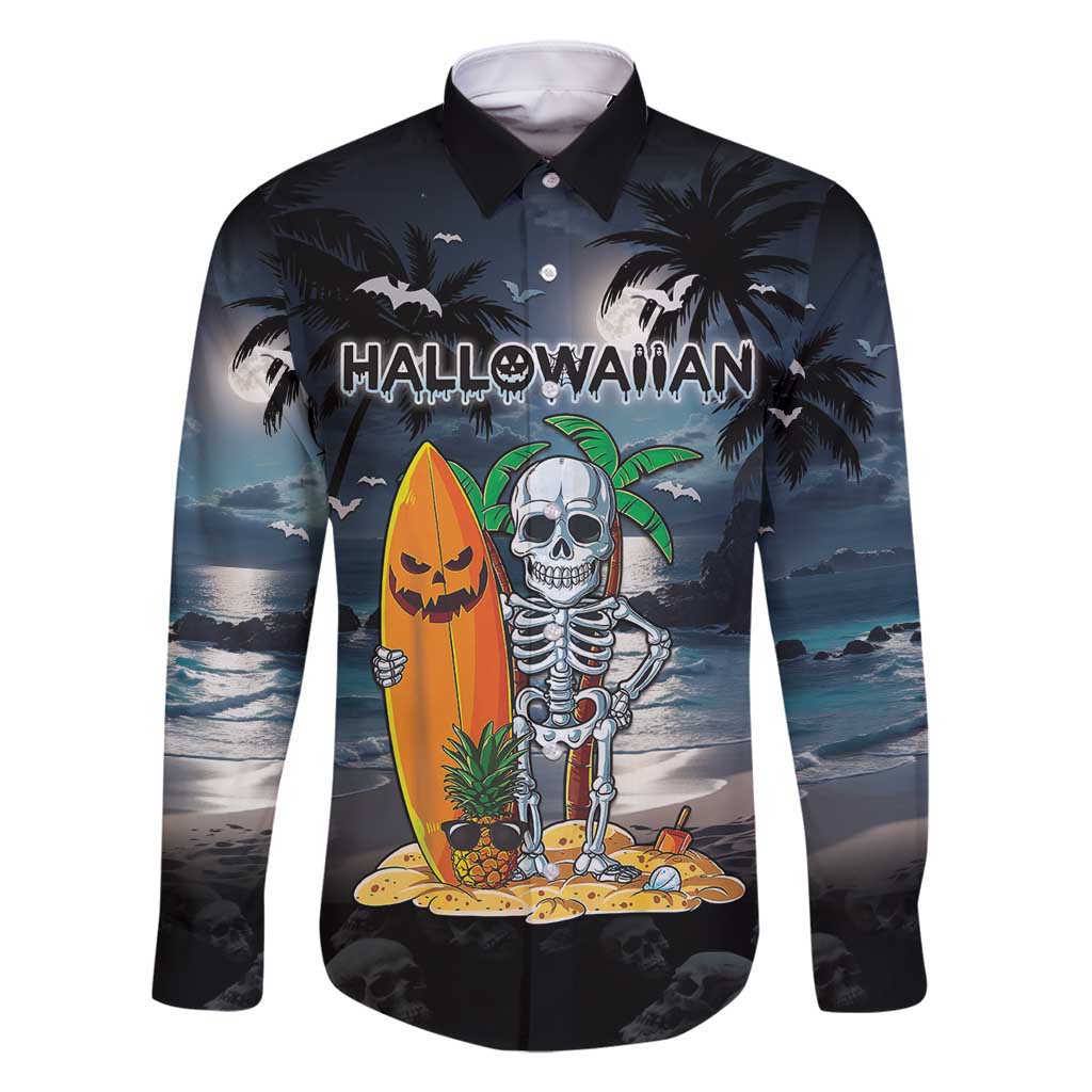 Personalised Hawaii Halloween Family Matching Mermaid Dress and Hawaiian Shirt Hallowaiian Skeleton Surf LT05 Dad's Shirt - Long Sleeve Black - Polynesian Pride