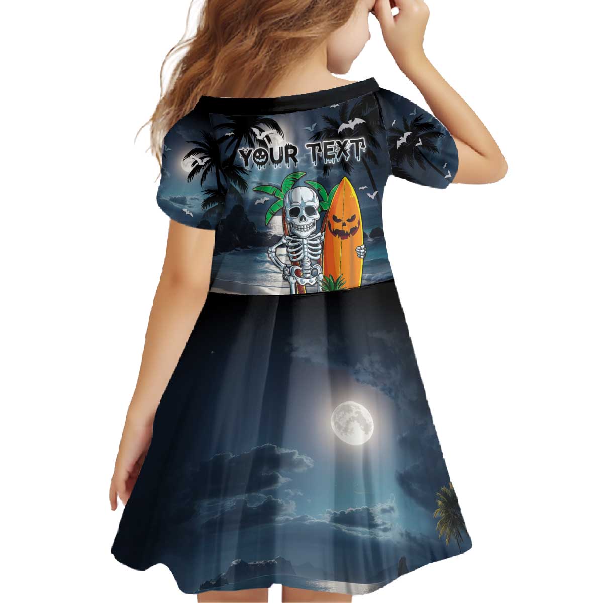 Personalised Hawaii Halloween Family Matching Off The Shoulder Long Sleeve Dress and Hawaiian Shirt Hallowaiian Skeleton Surf LT05 - Polynesian Pride