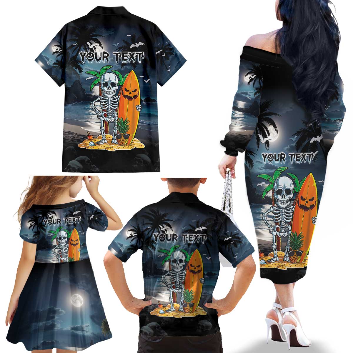 Personalised Hawaii Halloween Family Matching Off The Shoulder Long Sleeve Dress and Hawaiian Shirt Hallowaiian Skeleton Surf LT05 - Polynesian Pride