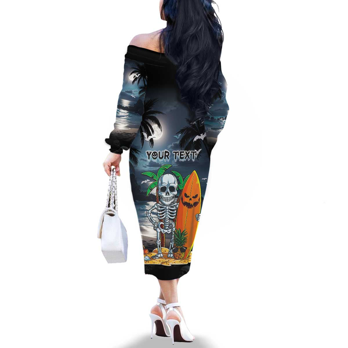 Personalised Hawaii Halloween Family Matching Off The Shoulder Long Sleeve Dress and Hawaiian Shirt Hallowaiian Skeleton Surf LT05 - Polynesian Pride