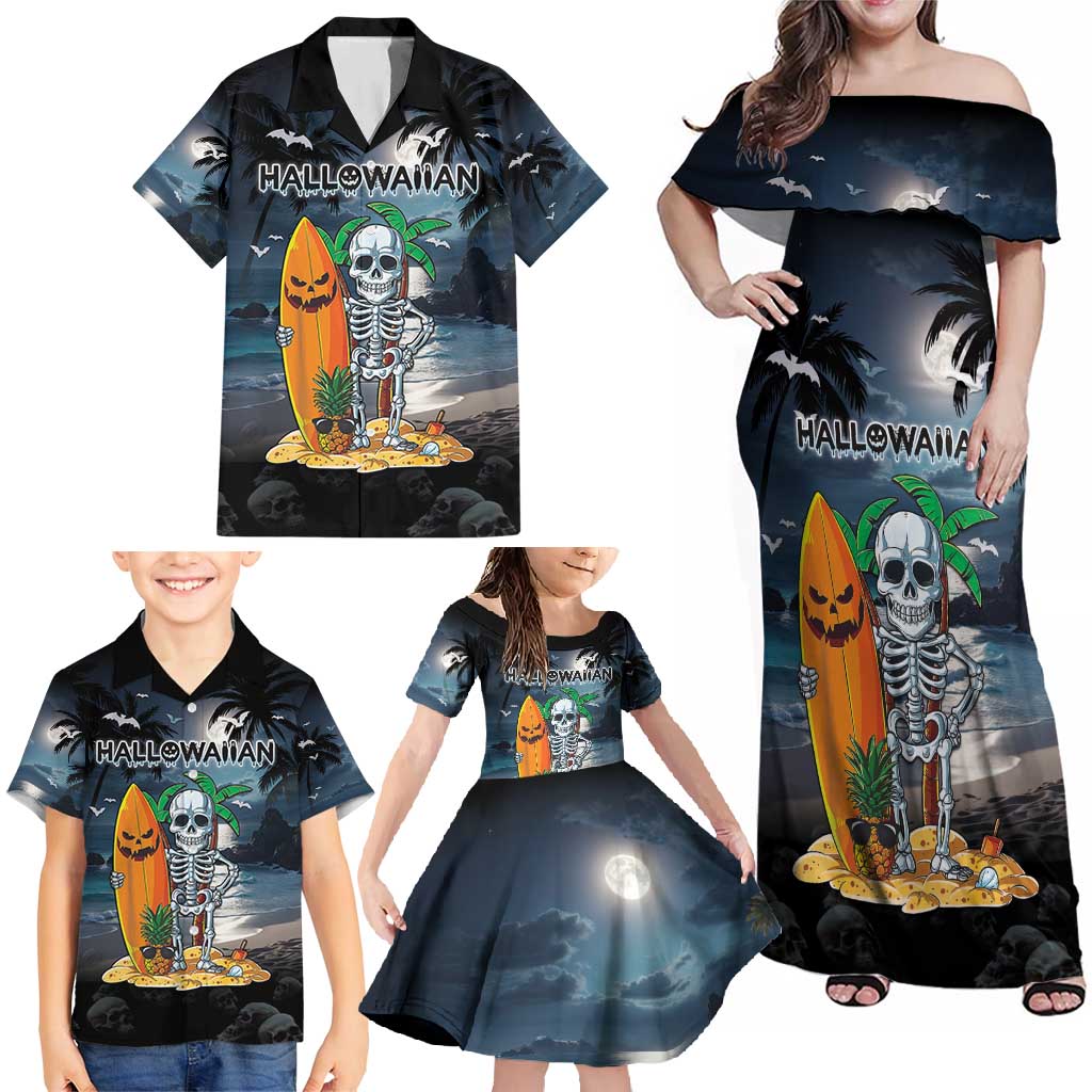 Personalised Hawaii Halloween Family Matching Off Shoulder Maxi Dress and Hawaiian Shirt Hallowaiian Skeleton Surf LT05 - Polynesian Pride