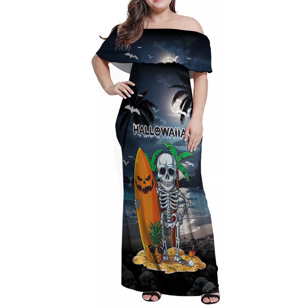 Personalised Hawaii Halloween Family Matching Off Shoulder Maxi Dress and Hawaiian Shirt Hallowaiian Skeleton Surf LT05 Mom's Dress Black - Polynesian Pride