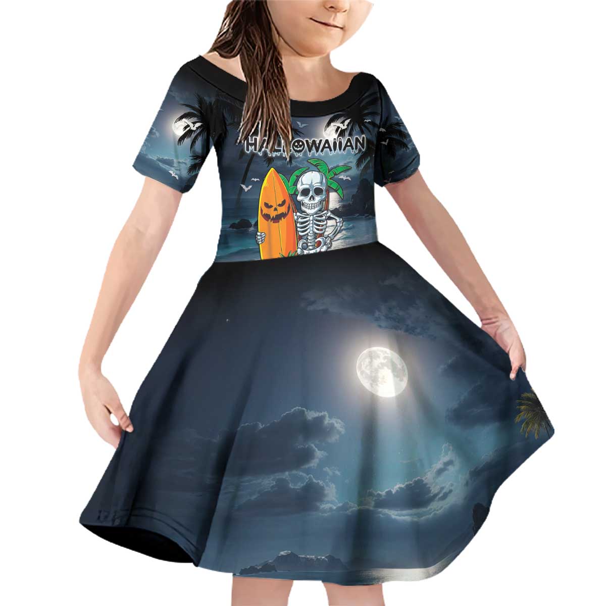 Personalised Hawaii Halloween Family Matching Off Shoulder Short Dress and Hawaiian Shirt Hallowaiian Skeleton Surf LT05 Daughter's Dress Black - Polynesian Pride