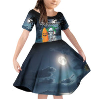 Personalised Hawaii Halloween Family Matching Off Shoulder Short Dress and Hawaiian Shirt Hallowaiian Skeleton Surf LT05 Daughter's Dress Black - Polynesian Pride