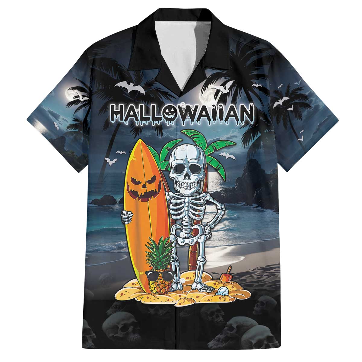 Personalised Hawaii Halloween Family Matching Off Shoulder Short Dress and Hawaiian Shirt Hallowaiian Skeleton Surf LT05 Dad's Shirt - Short Sleeve Black - Polynesian Pride