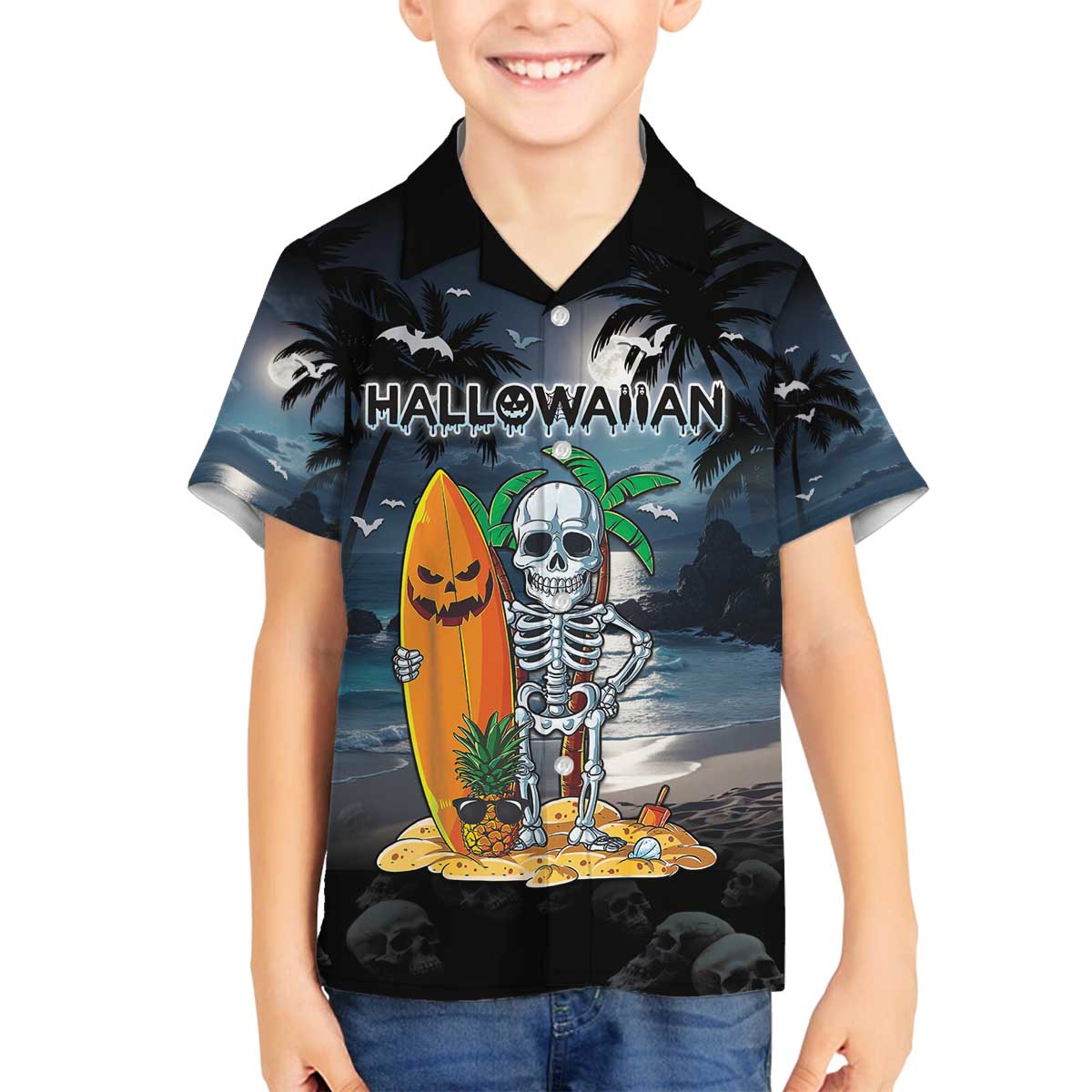 Personalised Hawaii Halloween Family Matching Off Shoulder Short Dress and Hawaiian Shirt Hallowaiian Skeleton Surf LT05 Son's Shirt Black - Polynesian Pride