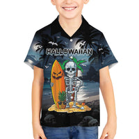 Personalised Hawaii Halloween Family Matching Off Shoulder Short Dress and Hawaiian Shirt Hallowaiian Skeleton Surf LT05 Son's Shirt Black - Polynesian Pride