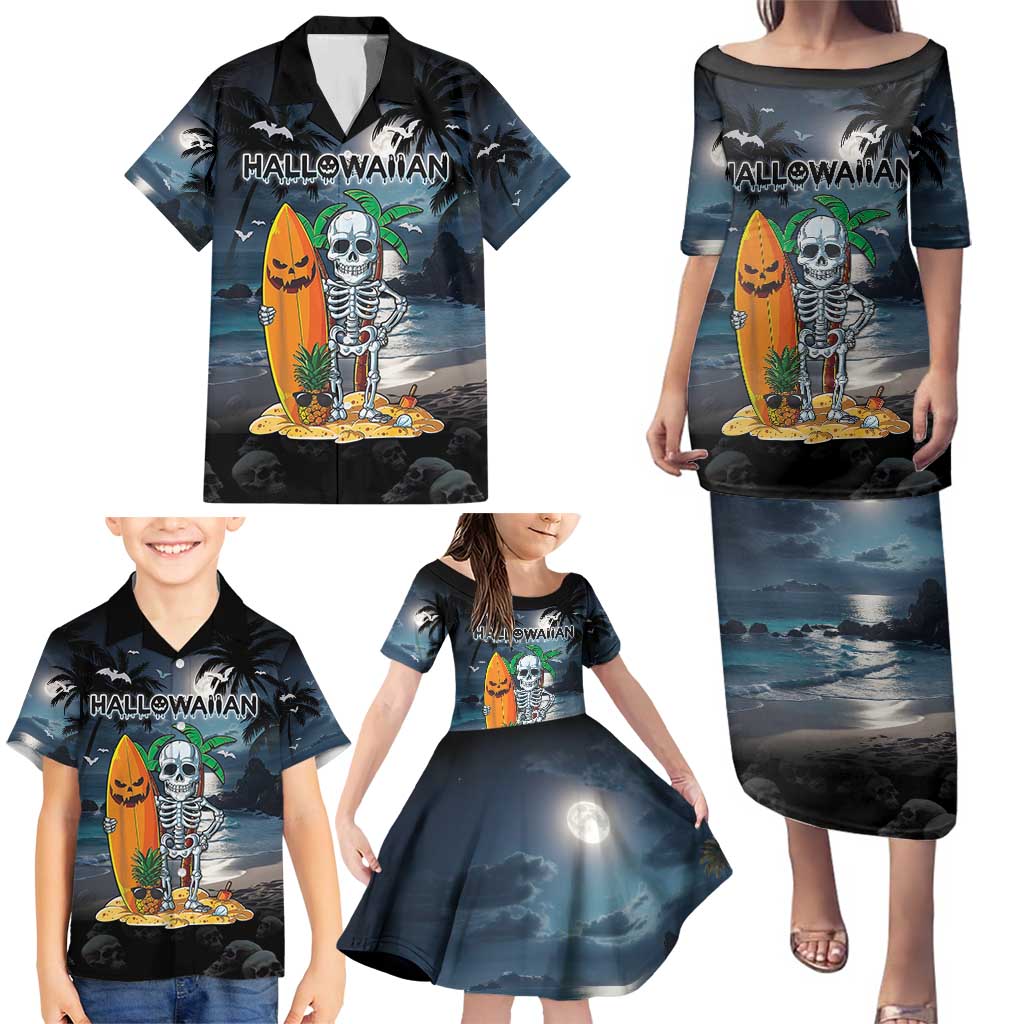 Personalised Hawaii Halloween Family Matching Puletasi and Hawaiian Shirt Hallowaiian Skeleton Surf LT05 - Polynesian Pride