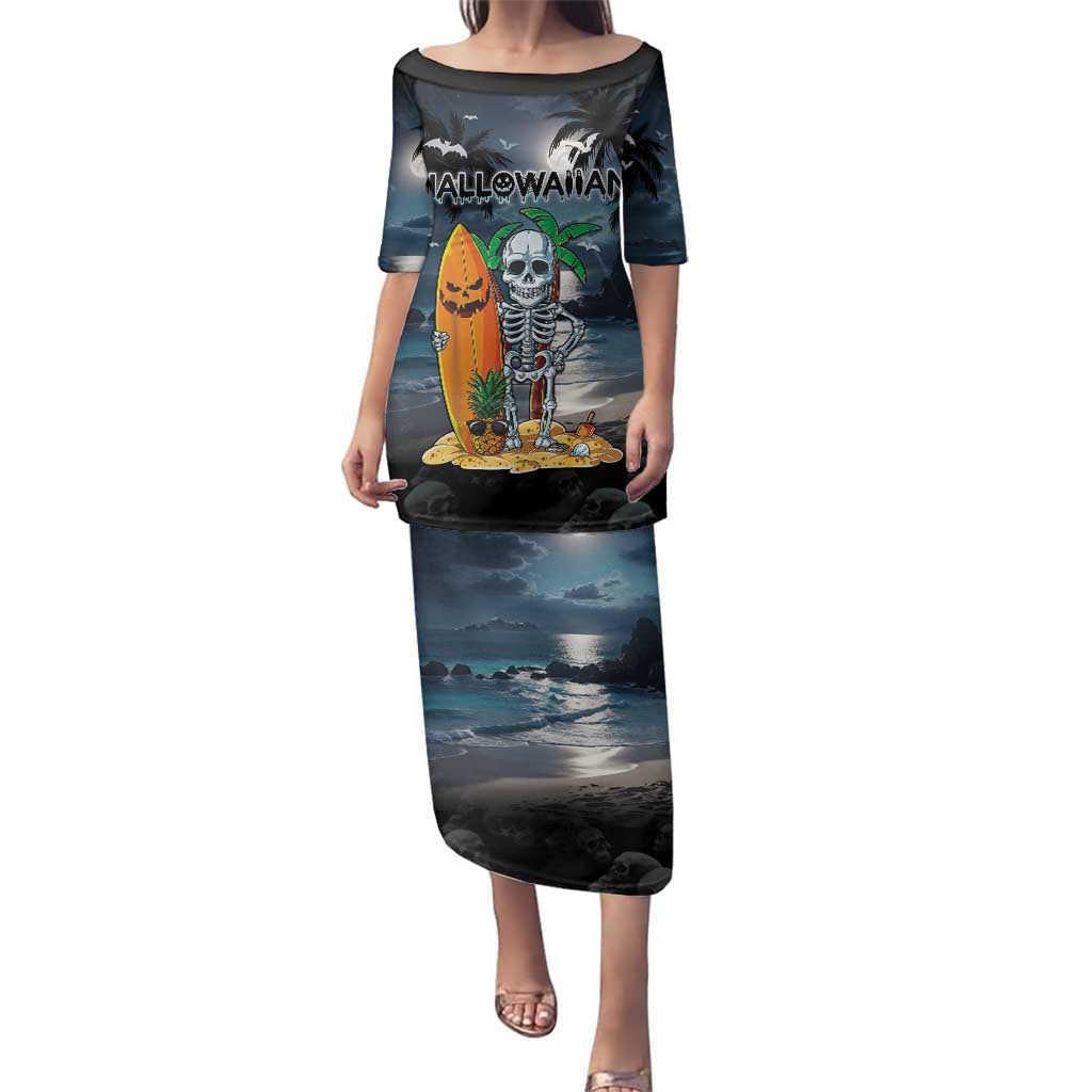 Personalised Hawaii Halloween Family Matching Puletasi and Hawaiian Shirt Hallowaiian Skeleton Surf LT05 Mom's Dress Black - Polynesian Pride