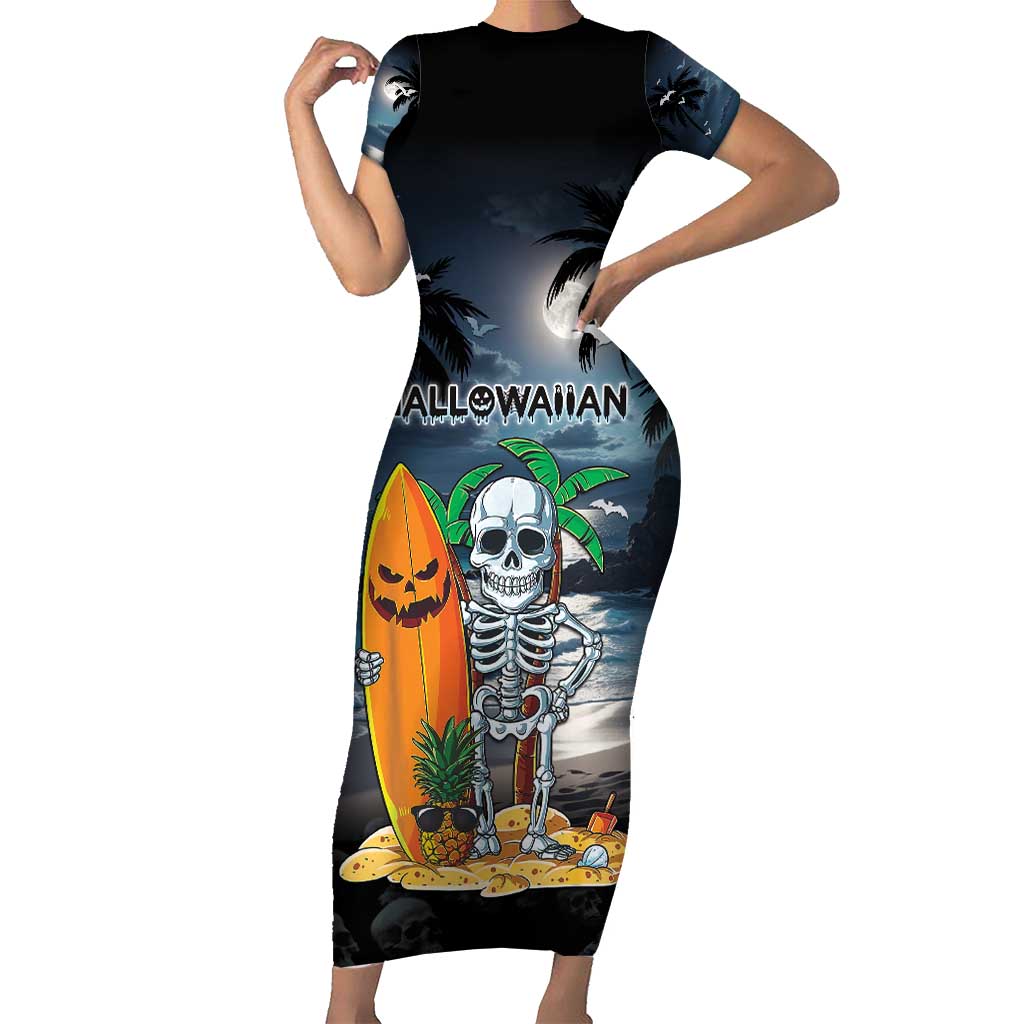 Personalised Hawaii Halloween Family Matching Short Sleeve Bodycon Dress and Hawaiian Shirt Hallowaiian Skeleton Surf LT05 Mom's Dress Black - Polynesian Pride