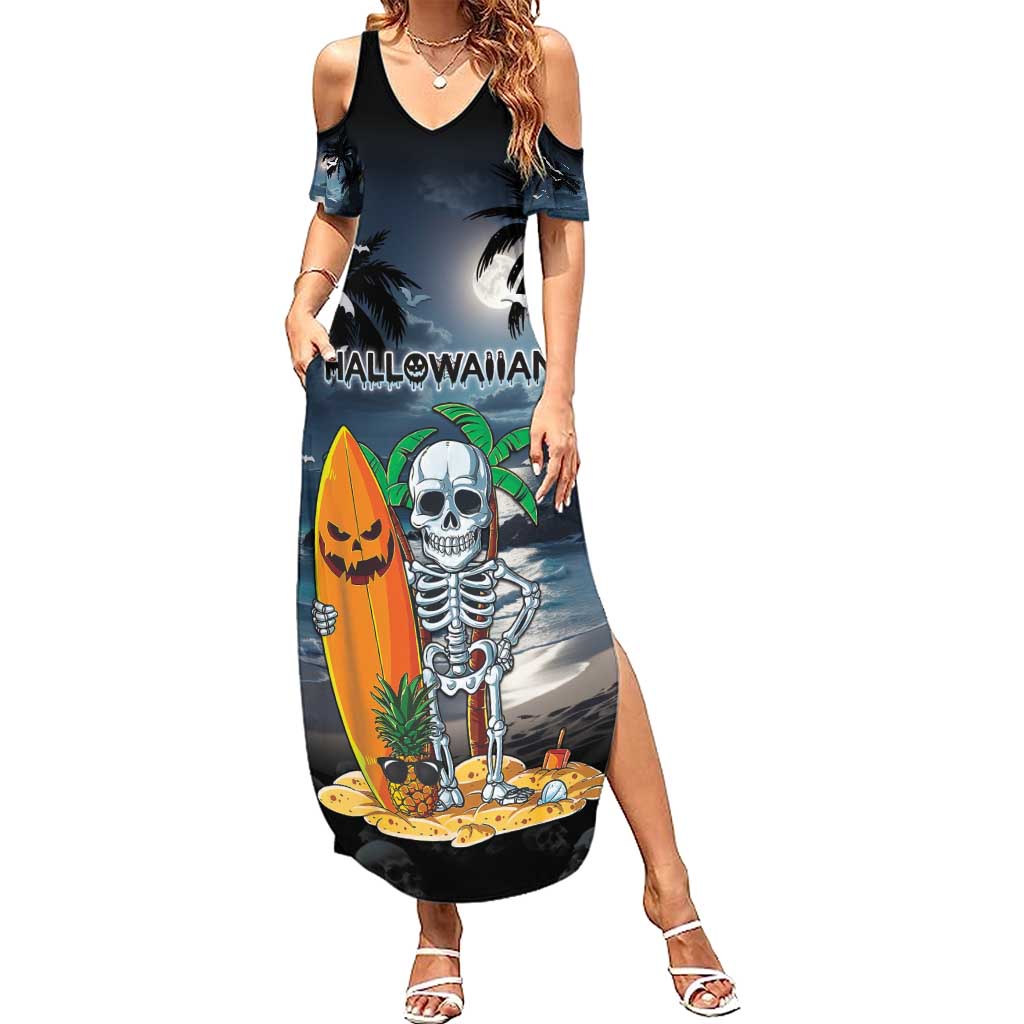 Personalised Hawaii Halloween Family Matching Summer Maxi Dress and Hawaiian Shirt Hallowaiian Skeleton Surf LT05 Mom's Dress Black - Polynesian Pride
