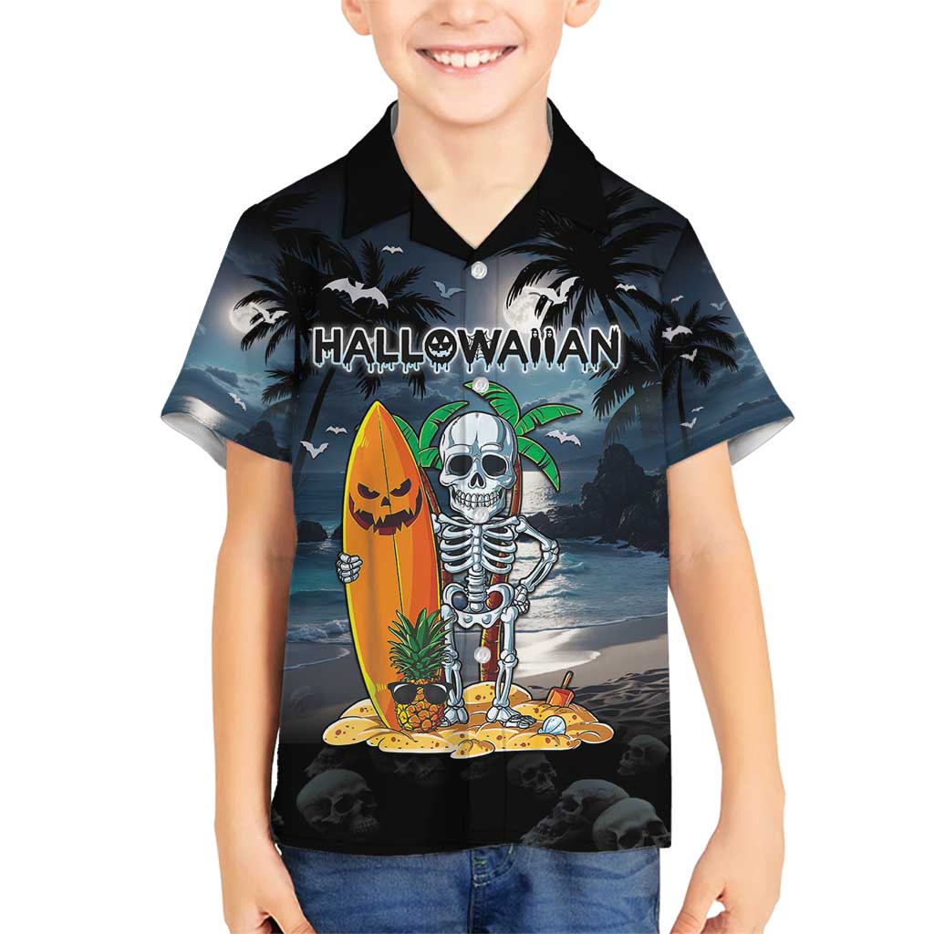 Personalised Hawaii Halloween Family Matching Summer Maxi Dress and Hawaiian Shirt Hallowaiian Skeleton Surf LT05 Son's Shirt Black - Polynesian Pride