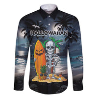 Personalised Hawaii Halloween Family Matching Tank Maxi Dress and Hawaiian Shirt Hallowaiian Skeleton Surf LT05 Dad's Shirt - Long Sleeve Black - Polynesian Pride