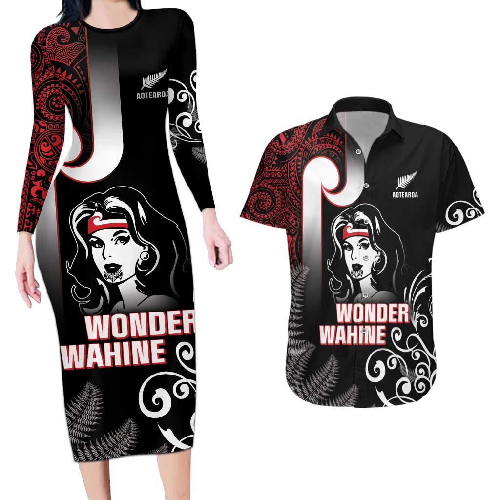 New Zealand Aotearoa Mana Wahine Couples Matching Long Sleeve Bodycon Dress and Hawaiian Shirt LT05 Black - Polynesian Pride