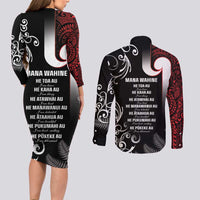 New Zealand Aotearoa Mana Wahine Couples Matching Long Sleeve Bodycon Dress and Long Sleeve Button Shirt LT05 - Polynesian Pride