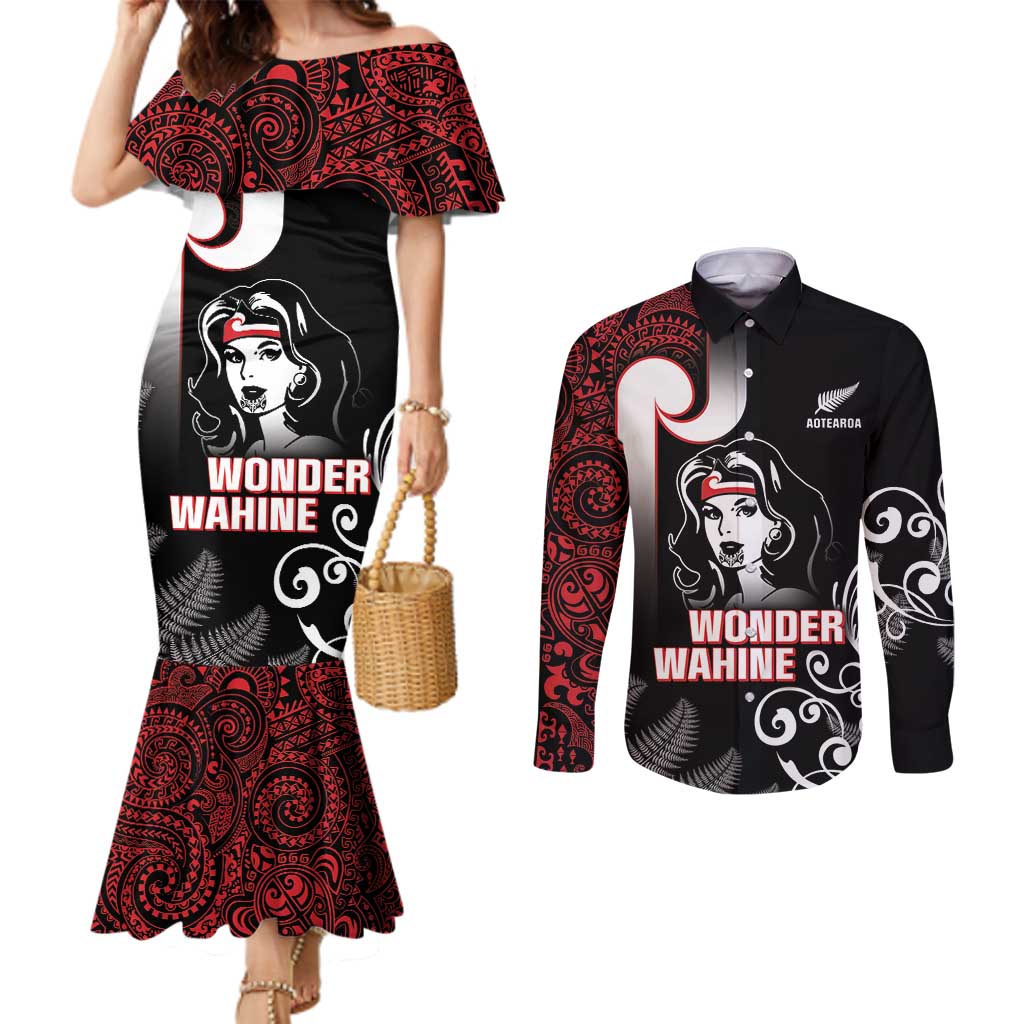 New Zealand Aotearoa Mana Wahine Couples Matching Mermaid Dress and Long Sleeve Button Shirt LT05 Black - Polynesian Pride