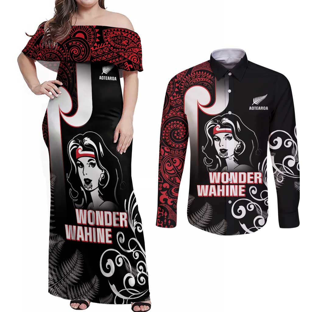 New Zealand Aotearoa Mana Wahine Couples Matching Off Shoulder Maxi Dress and Long Sleeve Button Shirt LT05 Black - Polynesian Pride