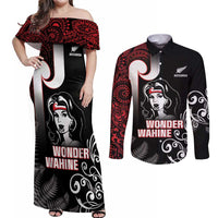 New Zealand Aotearoa Mana Wahine Couples Matching Off Shoulder Maxi Dress and Long Sleeve Button Shirt LT05 Black - Polynesian Pride