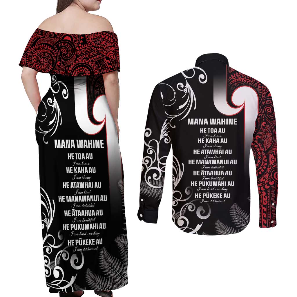 New Zealand Aotearoa Mana Wahine Couples Matching Off Shoulder Maxi Dress and Long Sleeve Button Shirt LT05 - Polynesian Pride