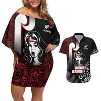New Zealand Aotearoa Mana Wahine Couples Matching Off Shoulder Short Dress and Hawaiian Shirt LT05 Black - Polynesian Pride