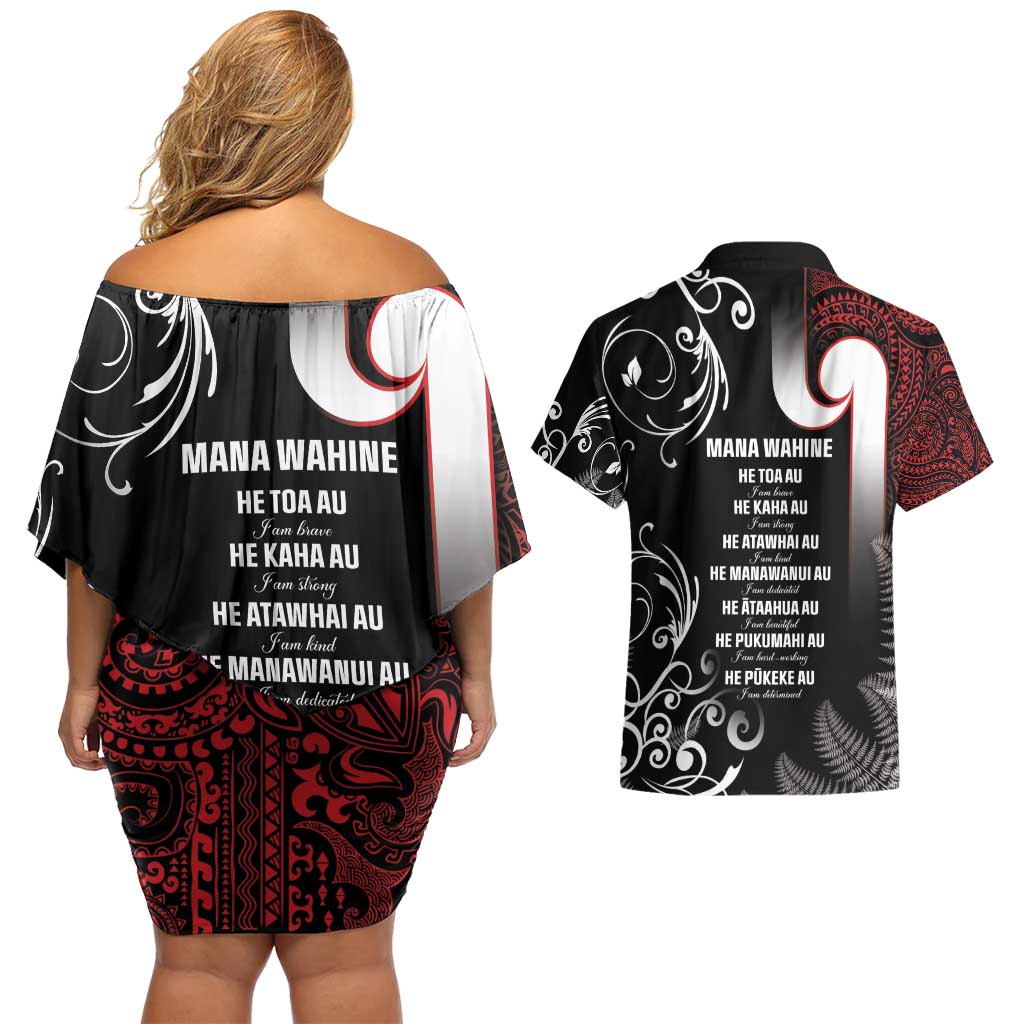 New Zealand Aotearoa Mana Wahine Couples Matching Off Shoulder Short Dress and Hawaiian Shirt LT05 - Polynesian Pride