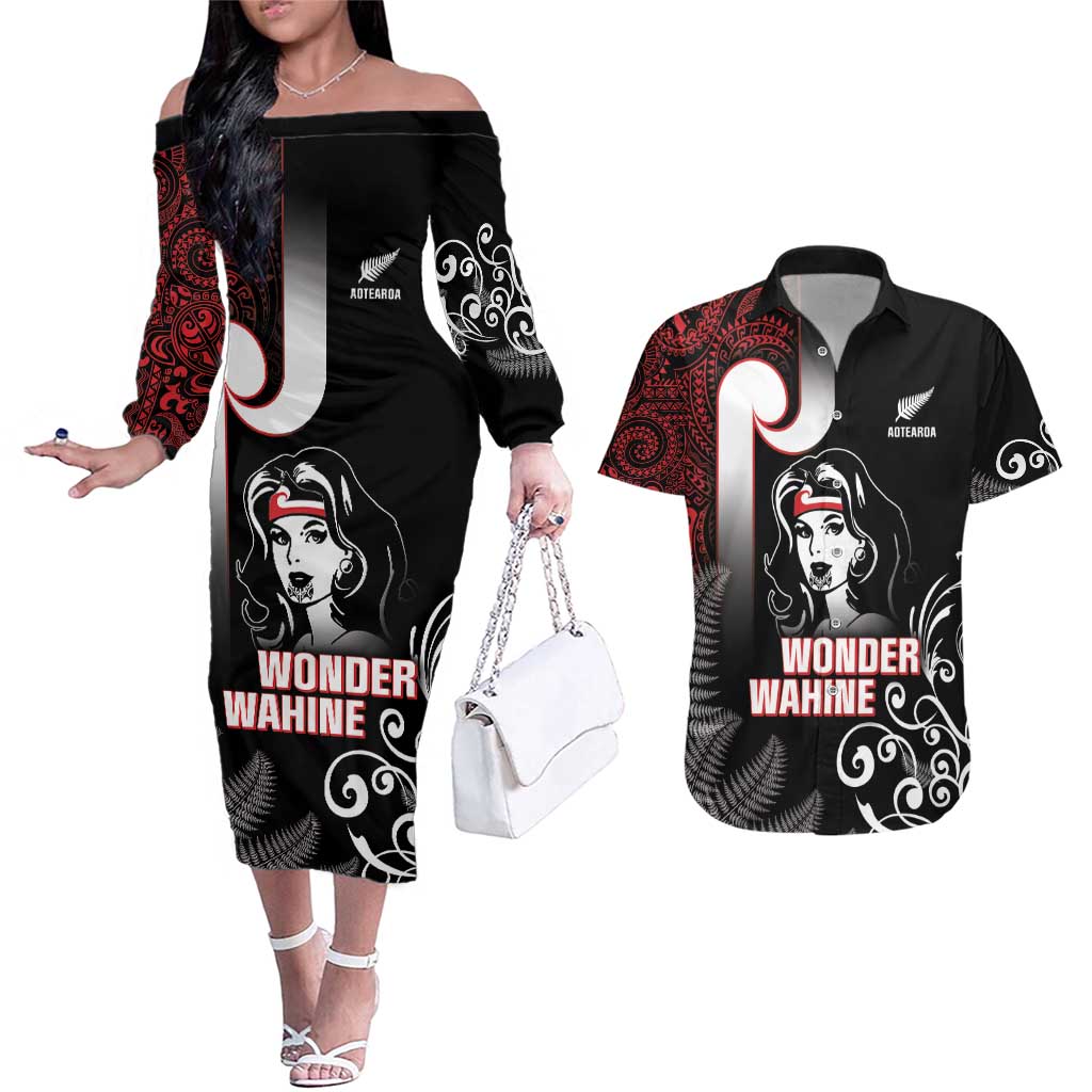 New Zealand Aotearoa Mana Wahine Couples Matching Off The Shoulder Long Sleeve Dress and Hawaiian Shirt LT05 Black - Polynesian Pride