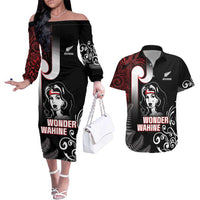 New Zealand Aotearoa Mana Wahine Couples Matching Off The Shoulder Long Sleeve Dress and Hawaiian Shirt LT05 Black - Polynesian Pride