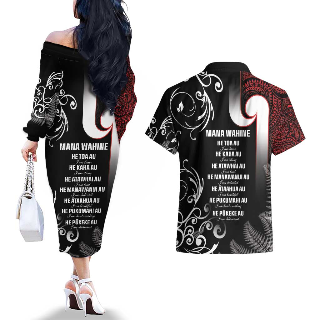 New Zealand Aotearoa Mana Wahine Couples Matching Off The Shoulder Long Sleeve Dress and Hawaiian Shirt LT05 - Polynesian Pride