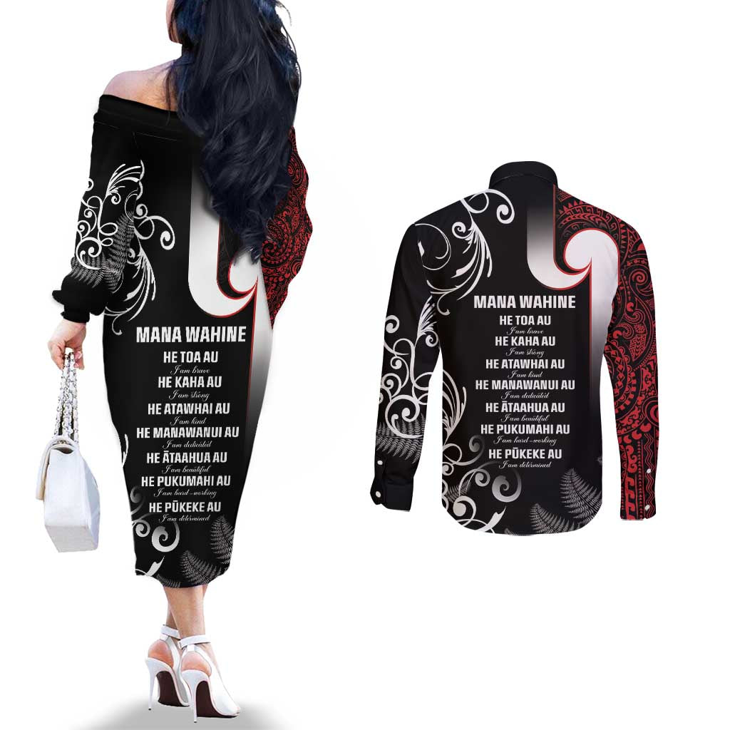 New Zealand Aotearoa Mana Wahine Couples Matching Off The Shoulder Long Sleeve Dress and Long Sleeve Button Shirt LT05 - Polynesian Pride