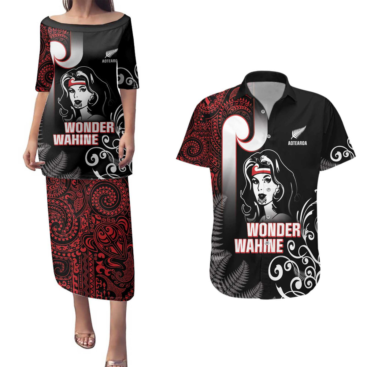 New Zealand Aotearoa Mana Wahine Couples Matching Puletasi and Hawaiian Shirt LT05 Black - Polynesian Pride