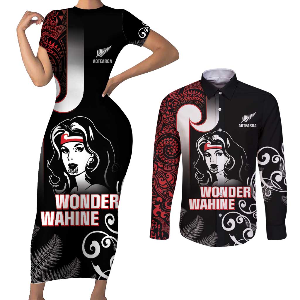 New Zealand Aotearoa Mana Wahine Couples Matching Short Sleeve Bodycon Dress and Long Sleeve Button Shirt LT05 Black - Polynesian Pride