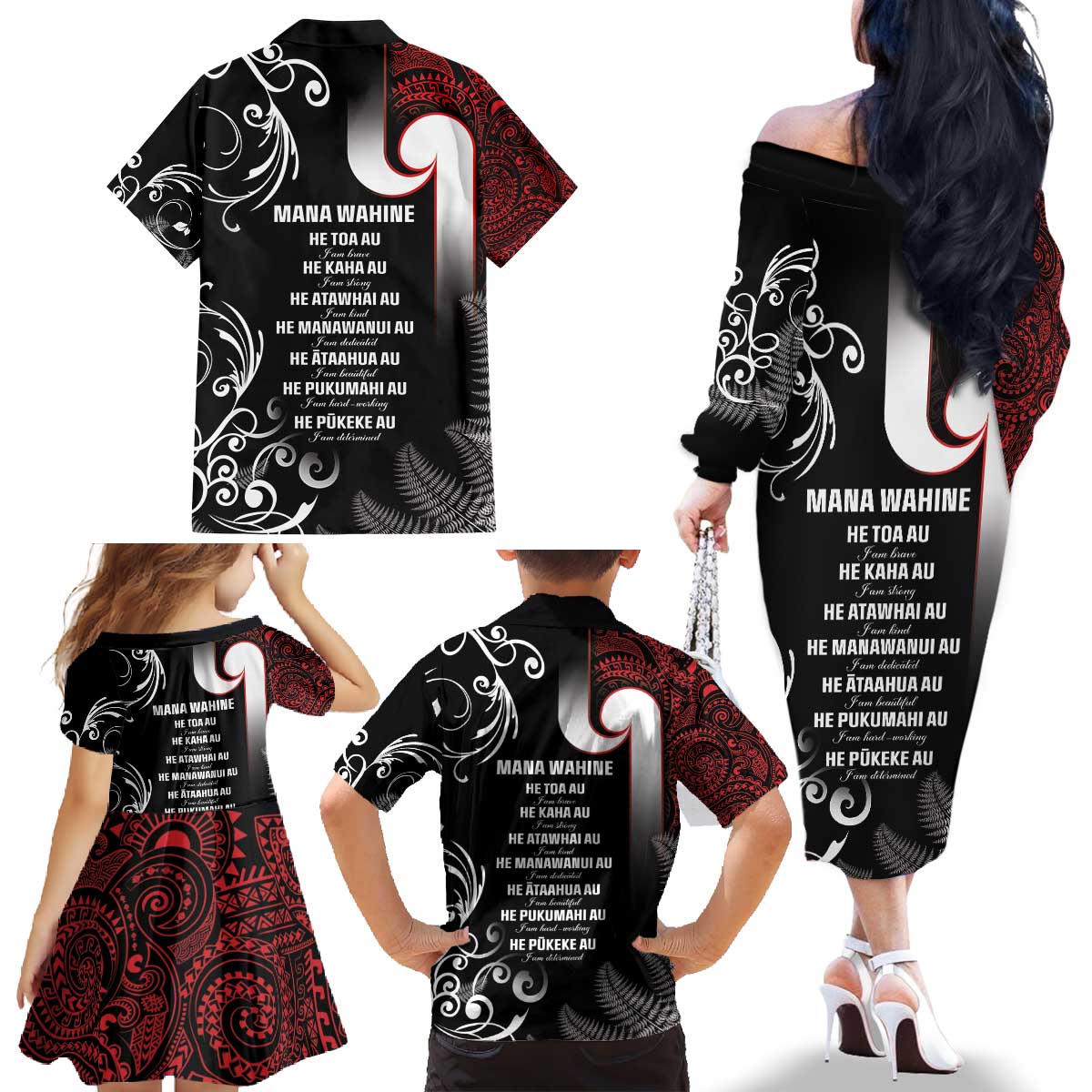New Zealand Aotearoa Mana Wahine Family Matching Off The Shoulder Long Sleeve Dress and Hawaiian Shirt LT05 - Polynesian Pride