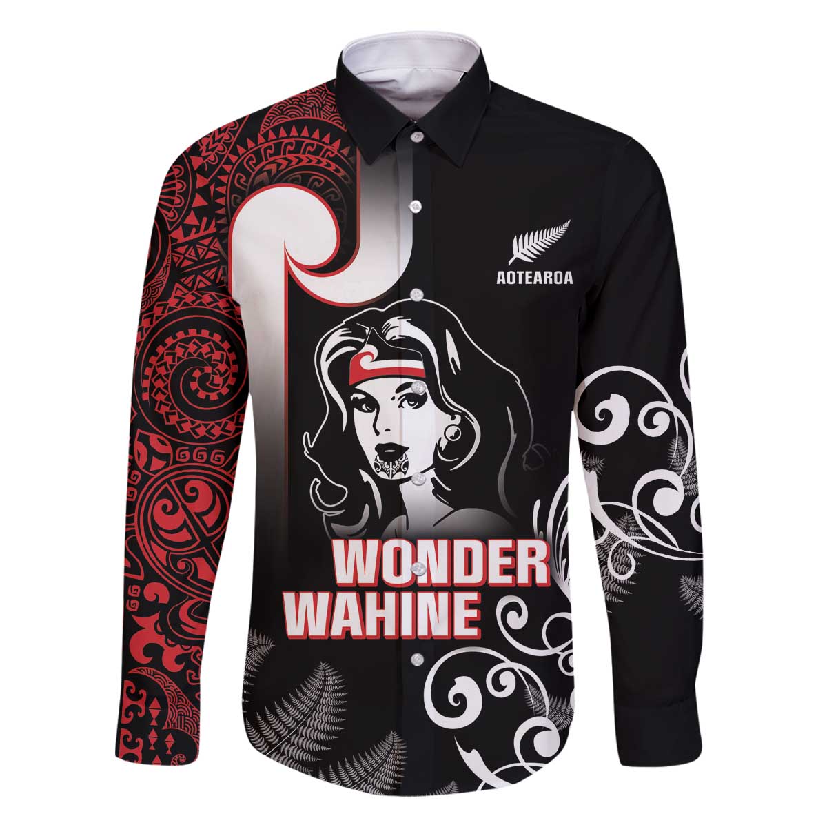 New Zealand Aotearoa Mana Wahine Family Matching Off The Shoulder Long Sleeve Dress and Hawaiian Shirt LT05 Dad's Shirt - Long Sleeve Black - Polynesian Pride