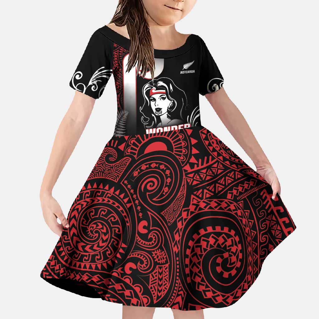 New Zealand Aotearoa Mana Wahine Family Matching Off Shoulder Maxi Dress and Hawaiian Shirt LT05 Daughter's Dress Black - Polynesian Pride