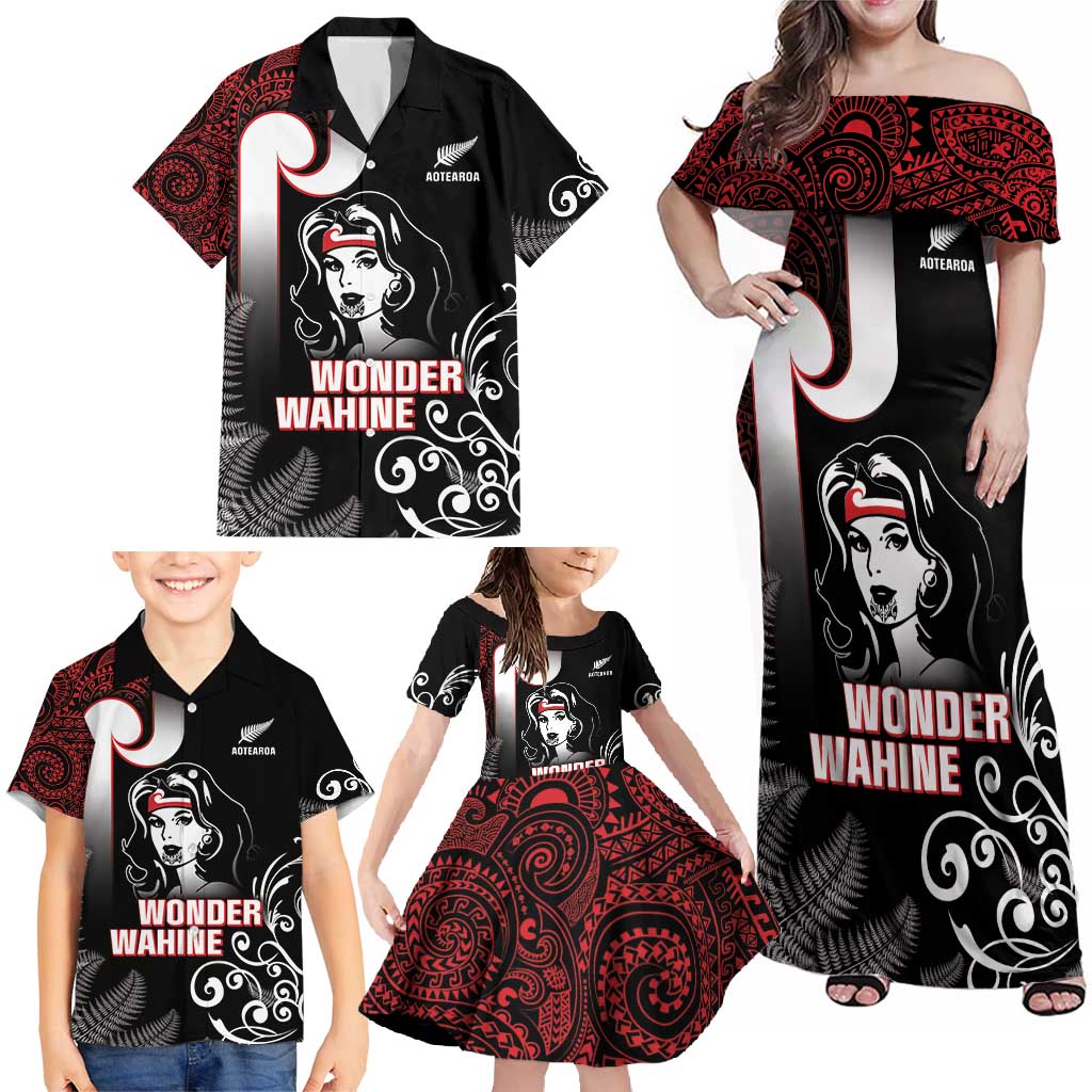 New Zealand Aotearoa Mana Wahine Family Matching Off Shoulder Maxi Dress and Hawaiian Shirt LT05 - Polynesian Pride
