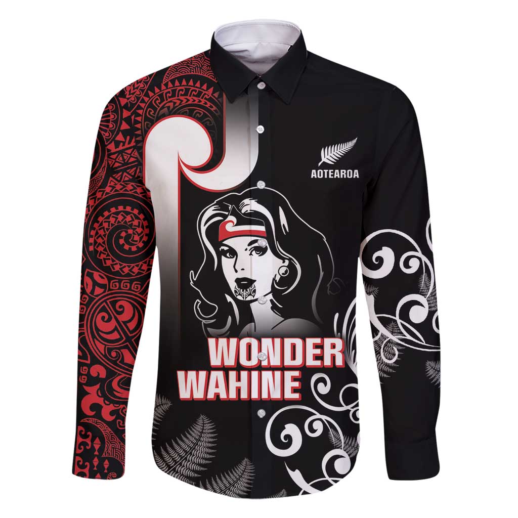 New Zealand Aotearoa Mana Wahine Family Matching Off Shoulder Short Dress and Hawaiian Shirt LT05 Dad's Shirt - Long Sleeve Black - Polynesian Pride