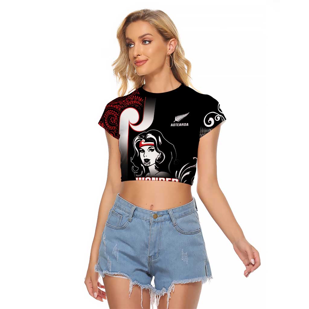 New Zealand Aotearoa Mana Wahine Raglan Cropped T Shirt LT05 Female Black - Polynesian Pride