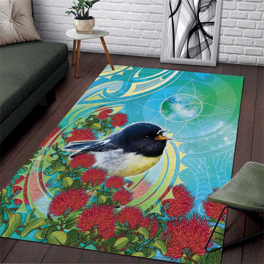 New Zealand Tomtit Area Rug Maori Koru With Pohutukawa Galaxy Style - Polynesian Pride