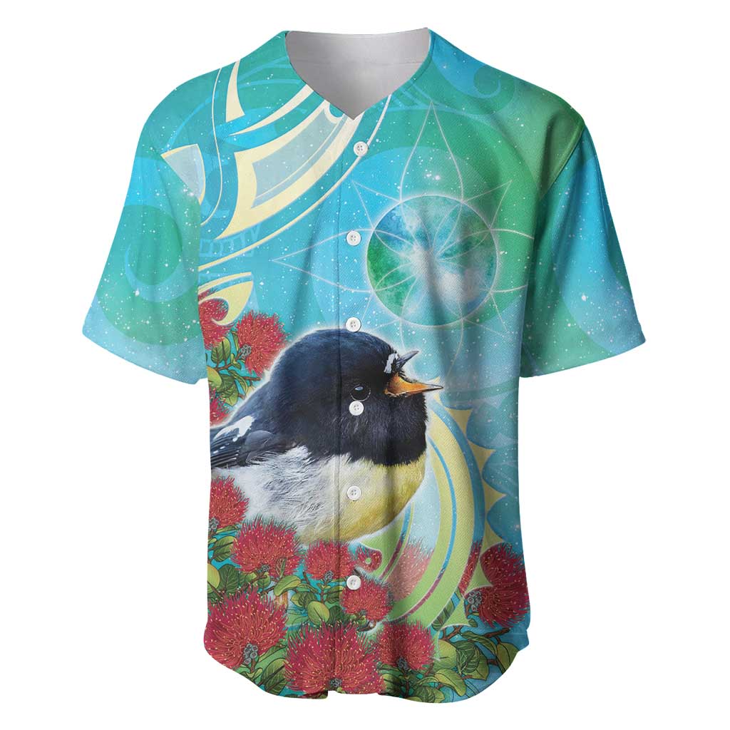 New Zealand Tomtit Baseball Jersey Maori Koru With Pohutukawa Galaxy Style - Polynesian Pride