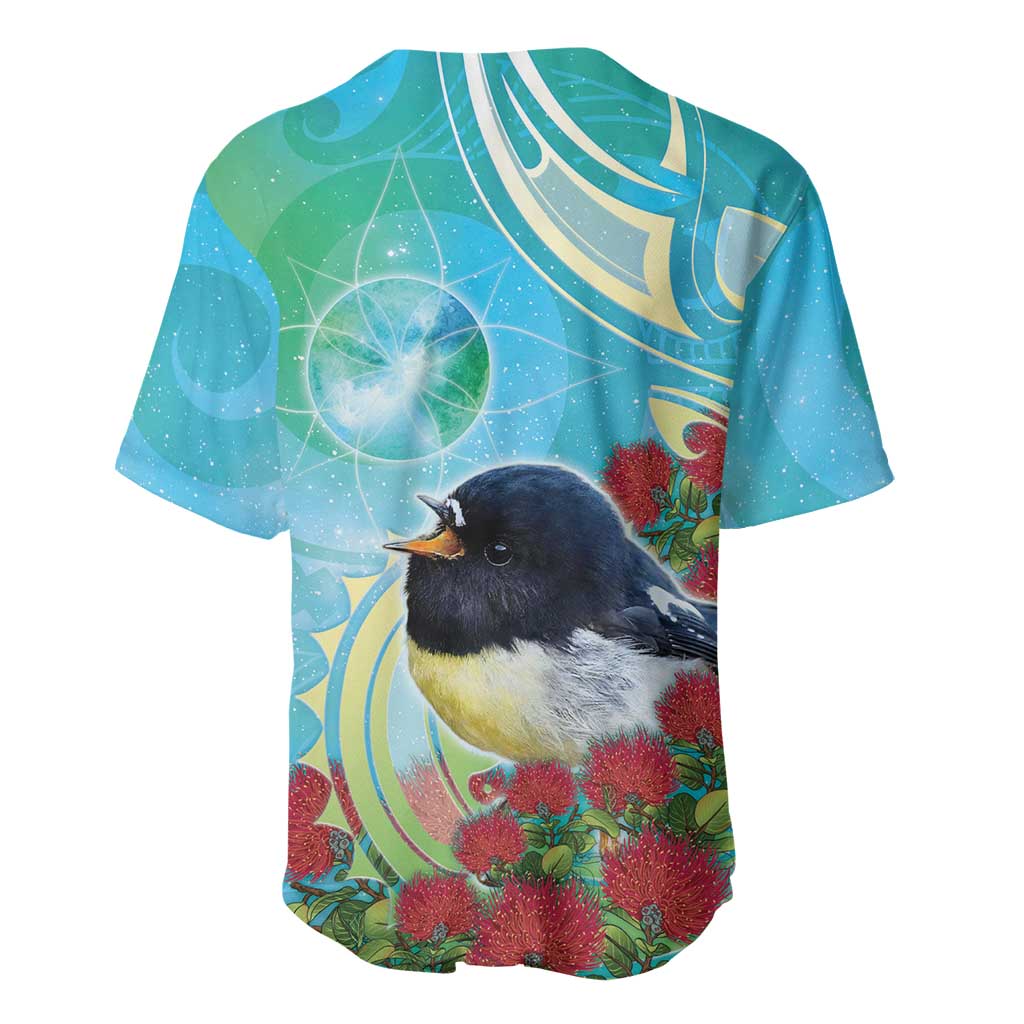 New Zealand Tomtit Baseball Jersey Maori Koru With Pohutukawa Galaxy Style - Polynesian Pride