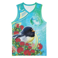 New Zealand Tomtit Basketball Jersey Maori Koru With Pohutukawa Galaxy Style LT05 Unisex Aqua - Polynesian Pride