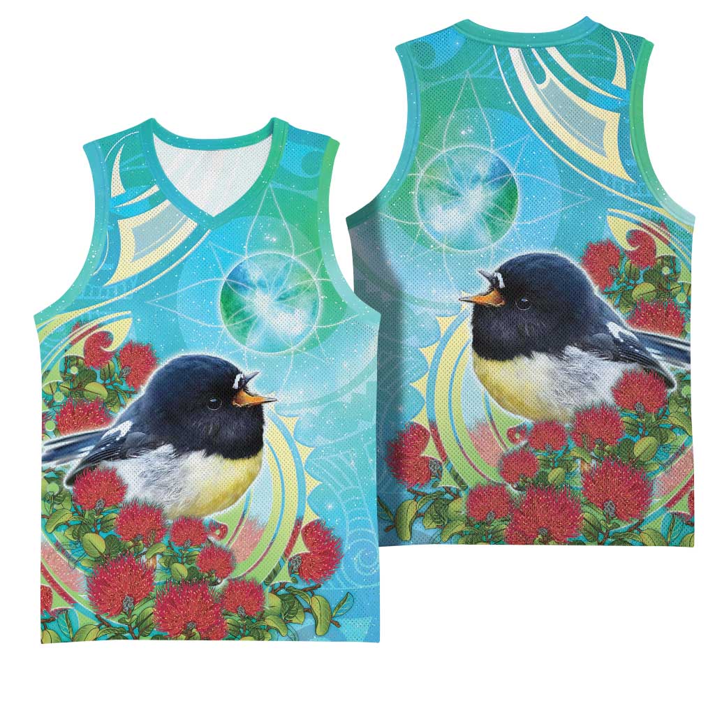 New Zealand Tomtit Basketball Jersey Maori Koru With Pohutukawa Galaxy Style LT05 - Polynesian Pride