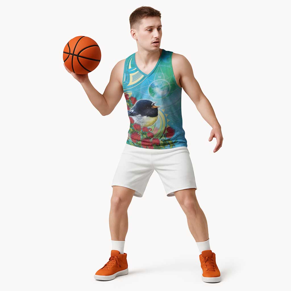 New Zealand Tomtit Basketball Jersey Maori Koru With Pohutukawa Galaxy Style LT05 - Polynesian Pride