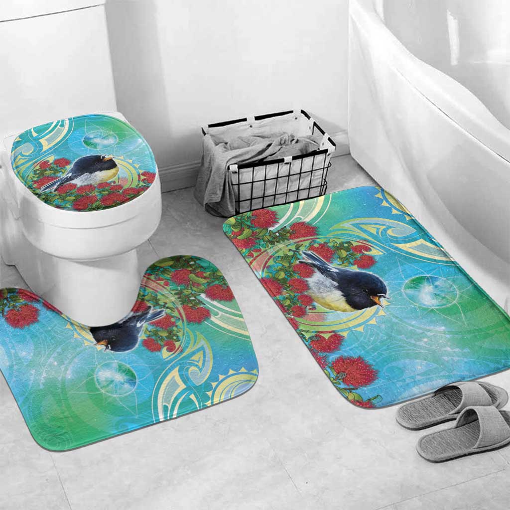 New Zealand Tomtit Bathroom Set Maori Koru With Pohutukawa Galaxy Style LT05 Mat Set Only (3 pcs) One Size Aqua - Polynesian Pride