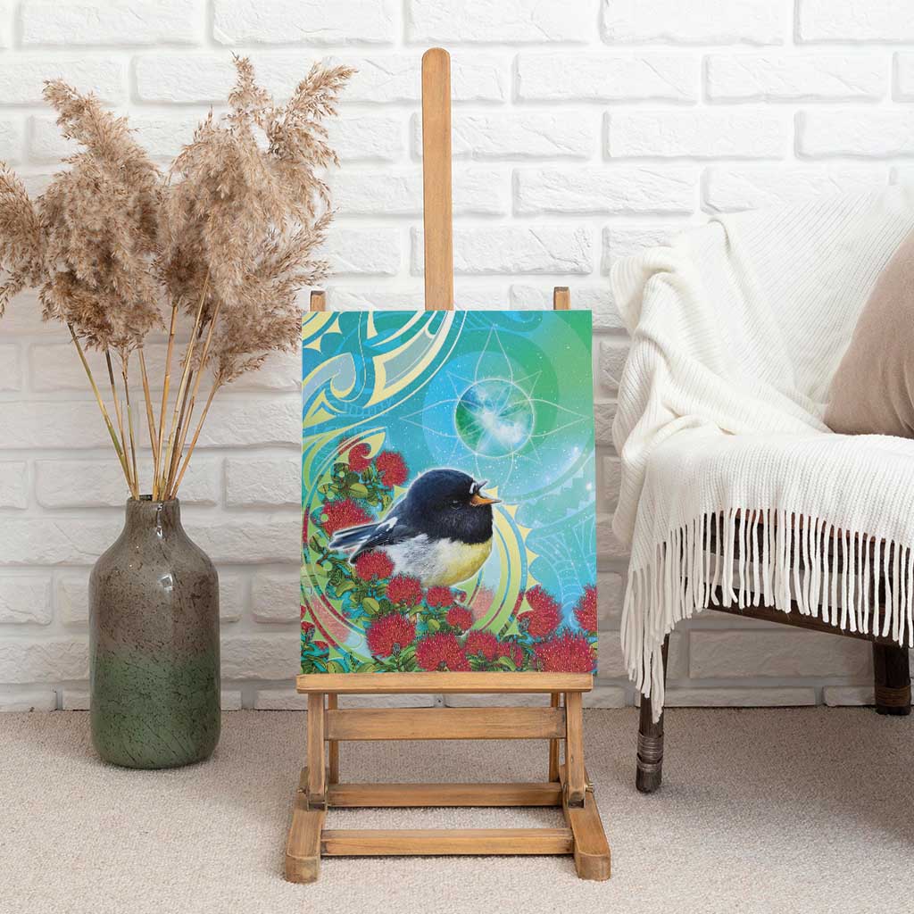 New Zealand Tomtit Canvas Wall Art Maori Koru With Pohutukawa Galaxy Style - Polynesian Pride