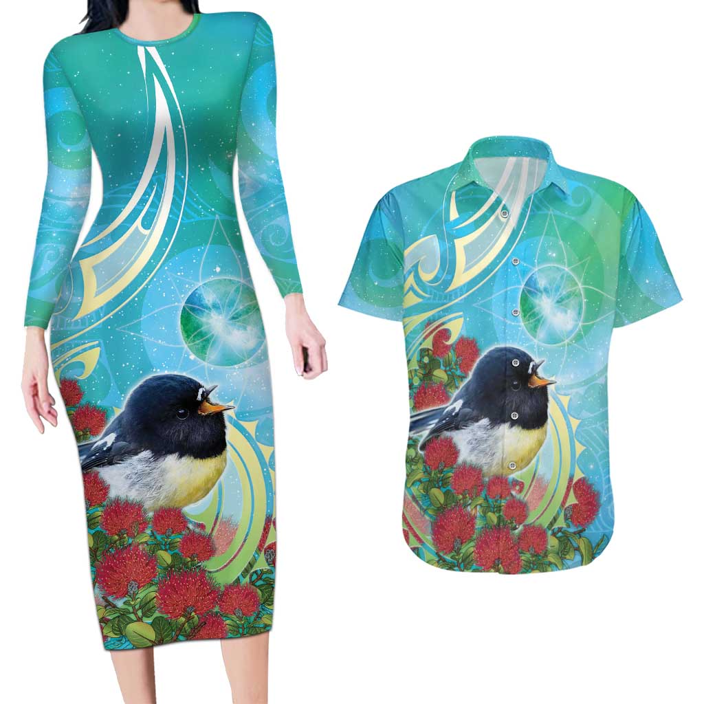 New Zealand Tomtit Couples Matching Long Sleeve Bodycon Dress and Hawaiian Shirt Maori Koru With Pohutukawa Galaxy Style LT05 Aqua - Polynesian Pride