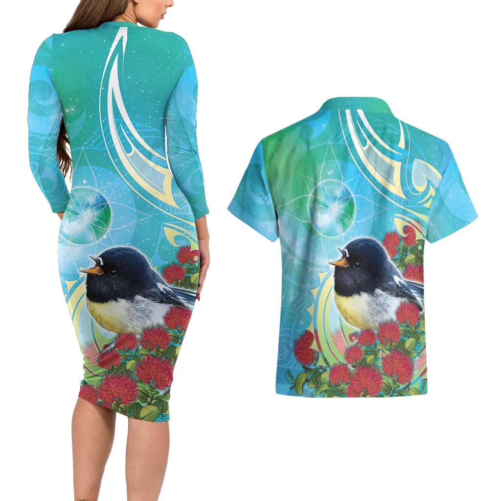 New Zealand Tomtit Couples Matching Long Sleeve Bodycon Dress and Hawaiian Shirt Maori Koru With Pohutukawa Galaxy Style LT05 - Polynesian Pride