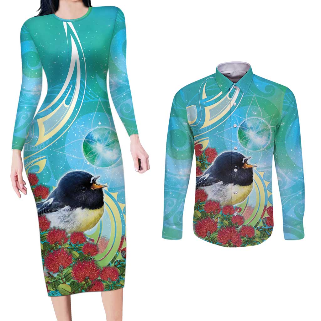New Zealand Tomtit Couples Matching Long Sleeve Bodycon Dress and Long Sleeve Button Shirt Maori Koru With Pohutukawa Galaxy Style LT05 Aqua - Polynesian Pride