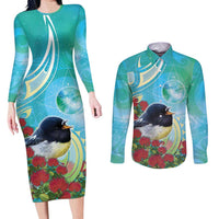 New Zealand Tomtit Couples Matching Long Sleeve Bodycon Dress and Long Sleeve Button Shirt Maori Koru With Pohutukawa Galaxy Style LT05 Aqua - Polynesian Pride