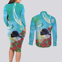 New Zealand Tomtit Couples Matching Long Sleeve Bodycon Dress and Long Sleeve Button Shirt Maori Koru With Pohutukawa Galaxy Style LT05 - Polynesian Pride